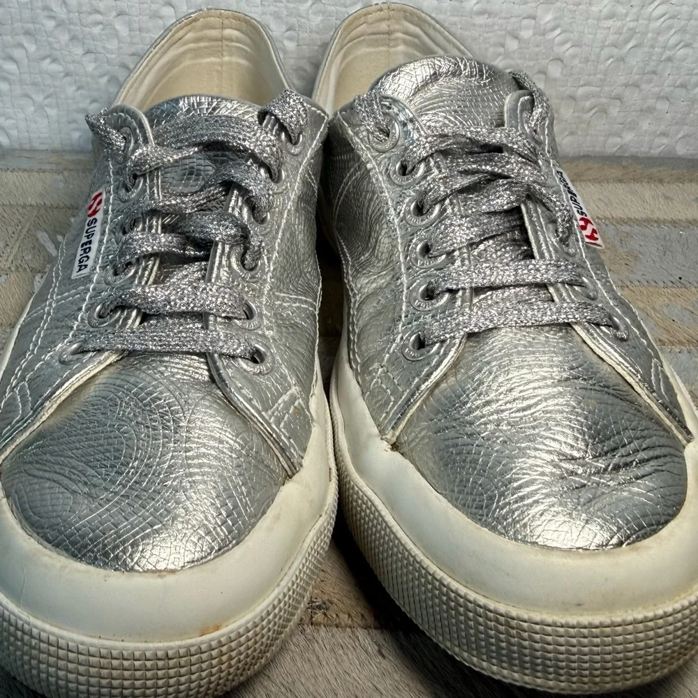 Superga Silver Metallic Embossed Platform Sneakers EU 39 US 8.5
